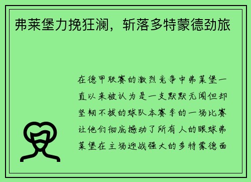 弗莱堡力挽狂澜，斩落多特蒙德劲旅