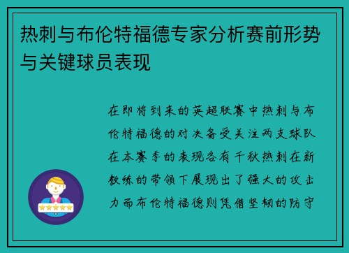 热刺与布伦特福德专家分析赛前形势与关键球员表现